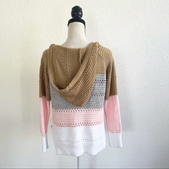 Unbranded Women’s Pink White Tan Striped Color Block Pullover Hoodie Size Small - Picture 3 of 5